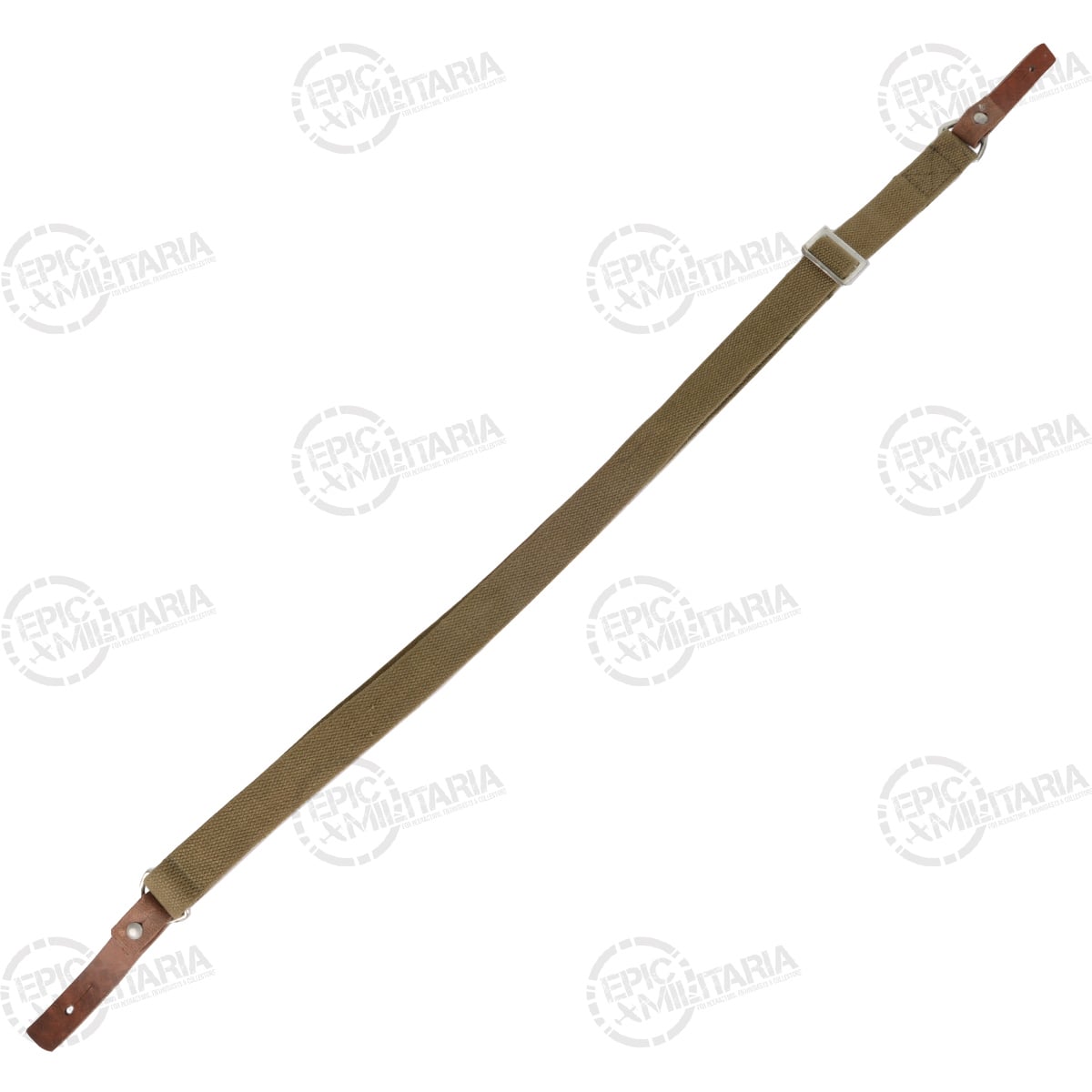 Original Type 56 AK SKS rifle sling made of OD canvas with brown leather straps and adjustable metal buckle.