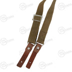 Close-up of the adjustable metal buckle and two leather attachment straps on an authentic OD canvas AK rifle sling.