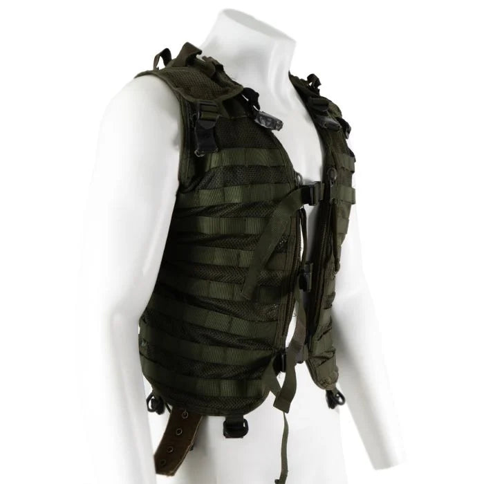 Three-quarter view highlighting the front quick-release buckles of the Dutch modular vest