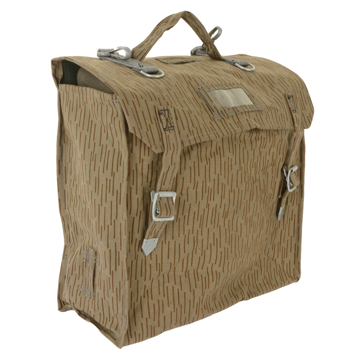 Side profile of an unissued East German NVA Strichtarn camo rucksack showing durable canvas and metal buckle closures.