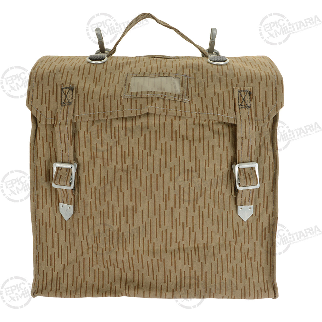 Front view of the Cold War East German Strichtarn backpack with the signature 'One Stripe, No Stripe' pattern and identification window.