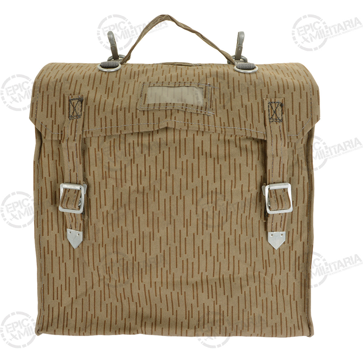 Front view of the Cold War East German Strichtarn backpack with the signature 'One Stripe, No Stripe' pattern and identification window.