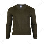 Front view of an unissued Czech M85 military surplus V-neck sweater, highlighting the ribbed cuffs and waistband.