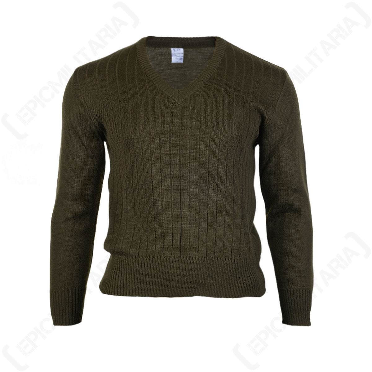 Front view of an unissued Czech M85 military surplus V-neck sweater, highlighting the ribbed cuffs and waistband.
