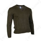 Original Czech M85 V-neck sweater in olive drab with a classic vertical knit pattern, captured from a front-quarter angle.