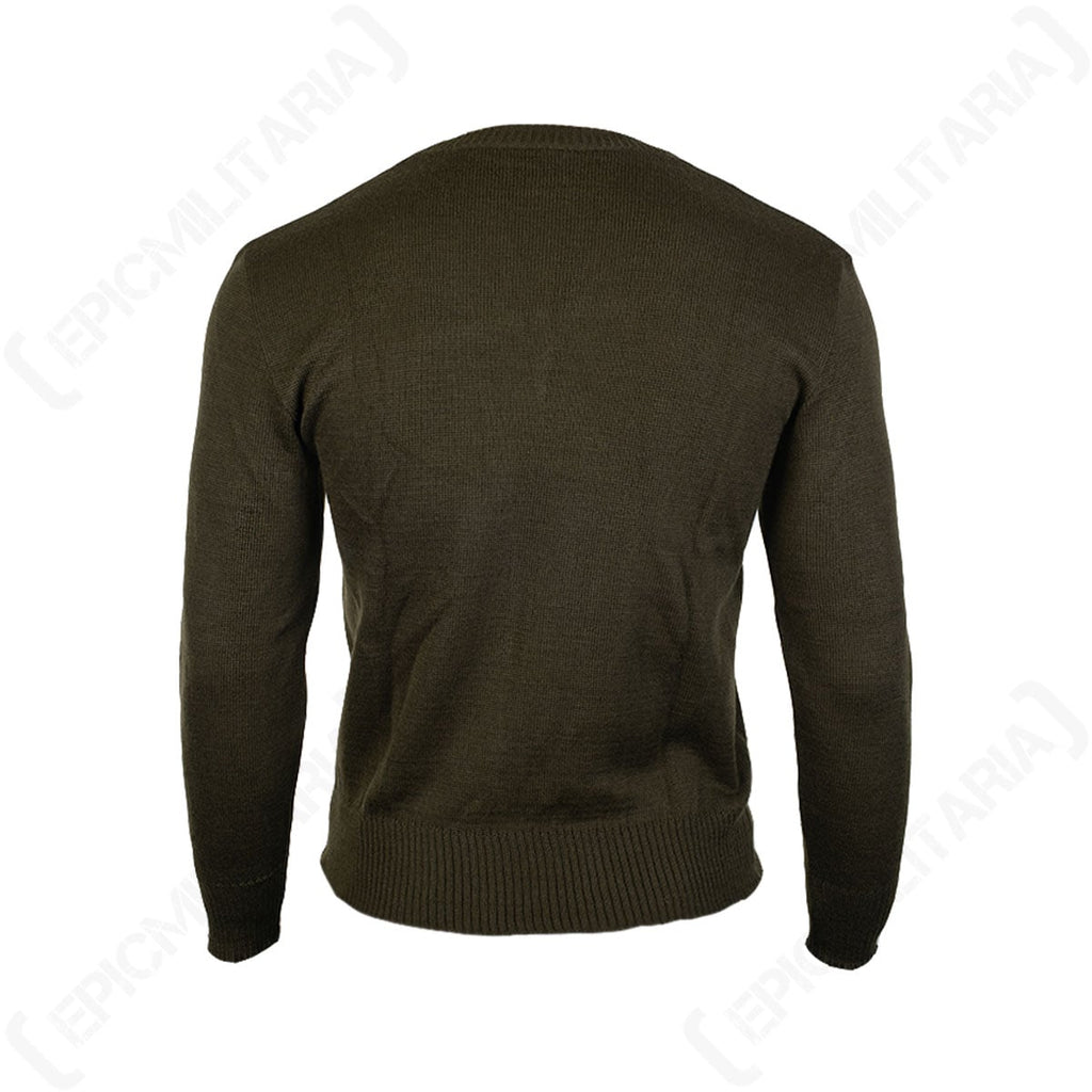 Back view of the olive drab M85 Czech Army V-neck sweater, showcasing the solid, durable knit construction of the garment.