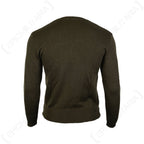 Back view of the olive drab M85 Czech Army V-neck sweater, showcasing the solid, durable knit construction of the garment.