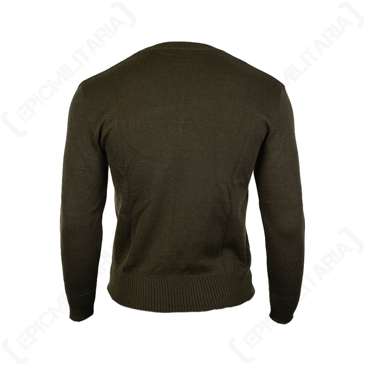 Back view of the olive drab M85 Czech Army V-neck sweater, showcasing the solid, durable knit construction of the garment.