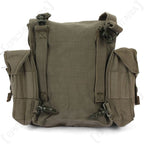 Rear view of South African SADF 70 Pattern Small Pack showing webbing straps and metal snap hooks