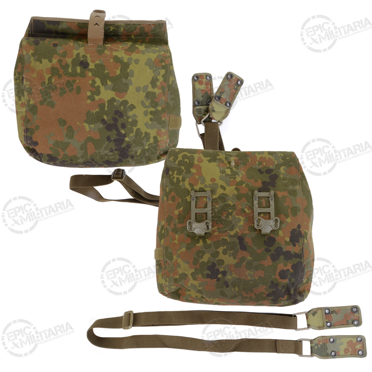 German Army gas mask bag in Flecktarn camo, displayed with its adjustable shoulder strap and modular attachment system.