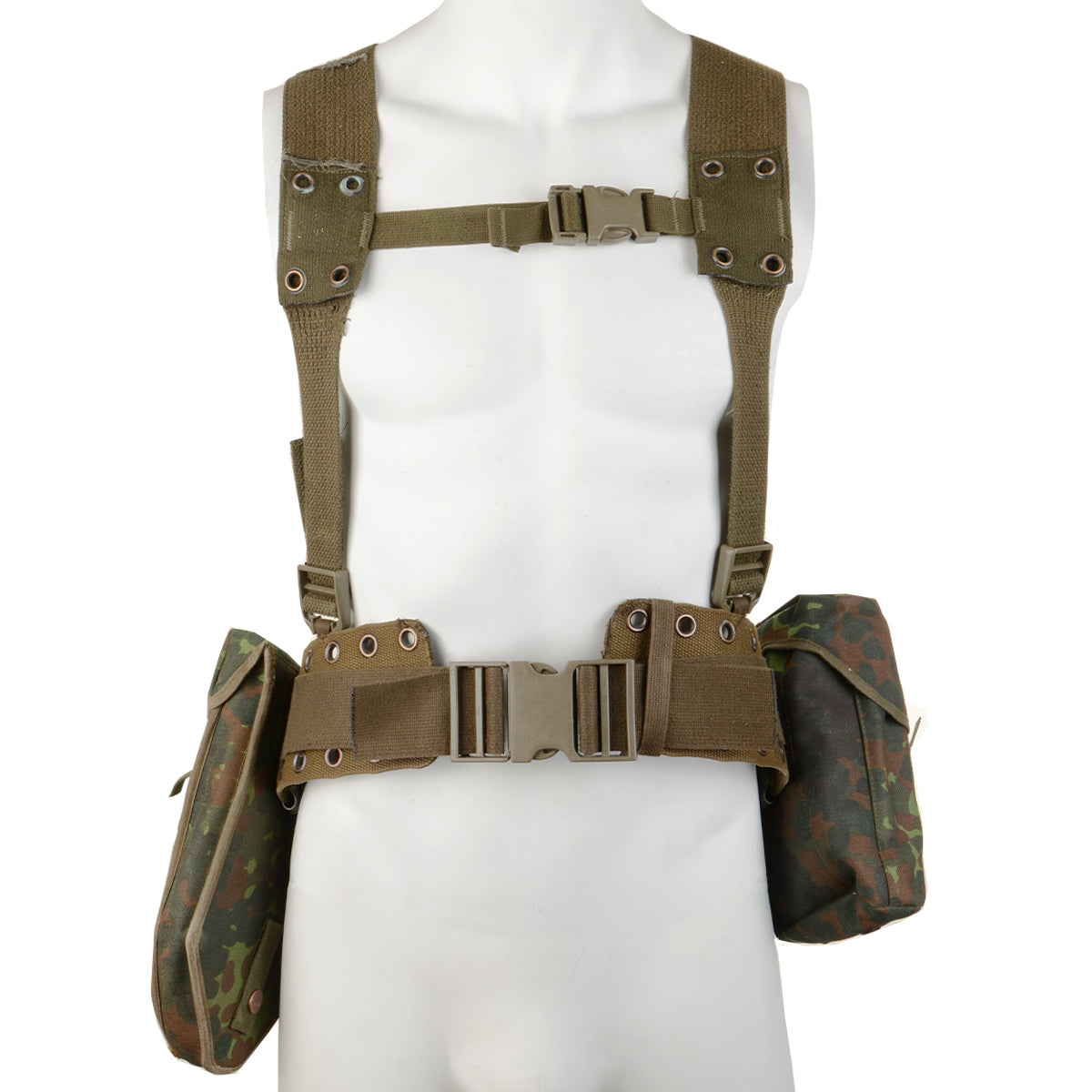 Original German Army Flecktarn harness set on a mannequin, featuring webbing belt, yoke, and two side pouches.
