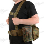 Side profile view of the German Army Flecktarn harness set worn, showcasing the belt-mounted gear pouches and webbing straps.