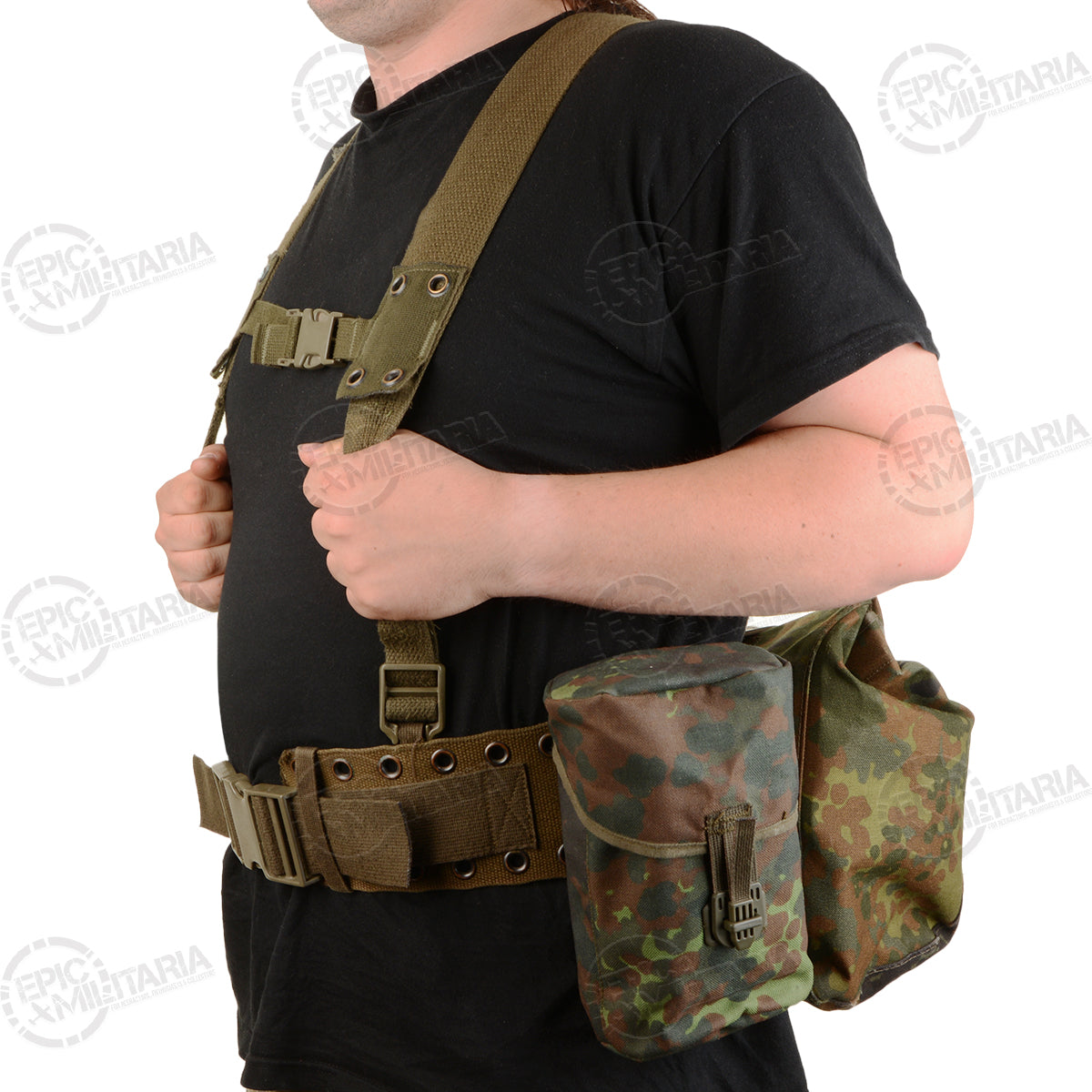 Side profile view of the German Army Flecktarn harness set worn, showcasing the belt-mounted gear pouches and webbing straps.