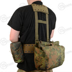 Rear view of the Flecktarn harness system, highlighting the large roll-top gas mask bag and durable webbing construction.