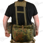 Back view of the German Bundeswehr harness set on a person, showing the modular pouch arrangement and tactical shoulder yoke.