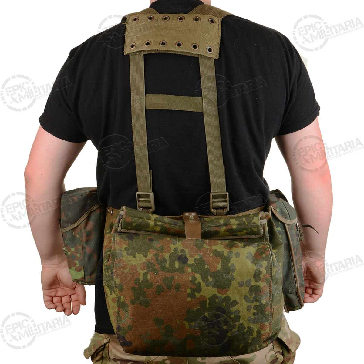 Back view of the German Bundeswehr harness set on a person, showing the modular pouch arrangement and tactical shoulder yoke.
