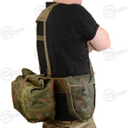Profile view of the German Army 5-piece harness set, focusing on the roll-top gas mask bag and secure belt attachment points.
