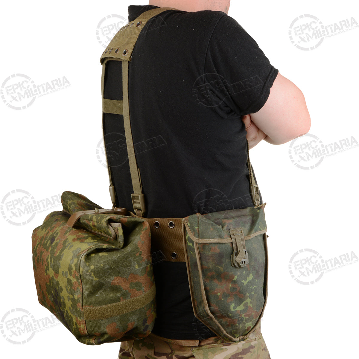 Profile view of the German Army 5-piece harness set, focusing on the roll-top gas mask bag and secure belt attachment points.