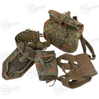 Full 5-piece German Army Flecktarn harness set spread out, including belt, yoke, gas mask bag, and utility pouches.