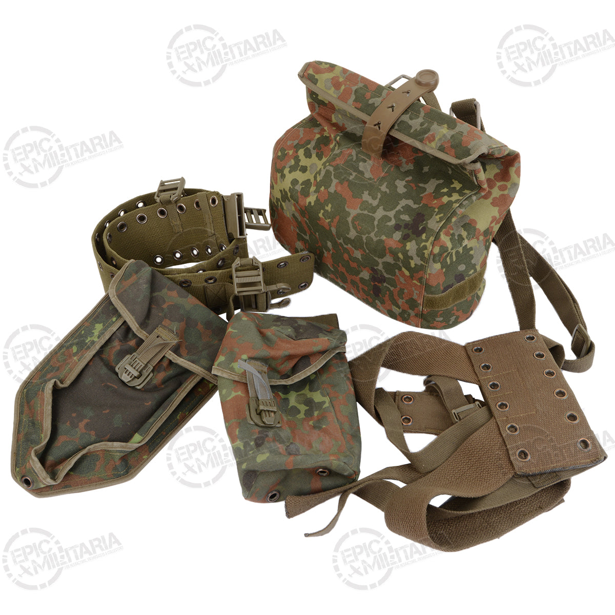 Full 5-piece German Army Flecktarn harness set spread out, including belt, yoke, gas mask bag, and utility pouches.