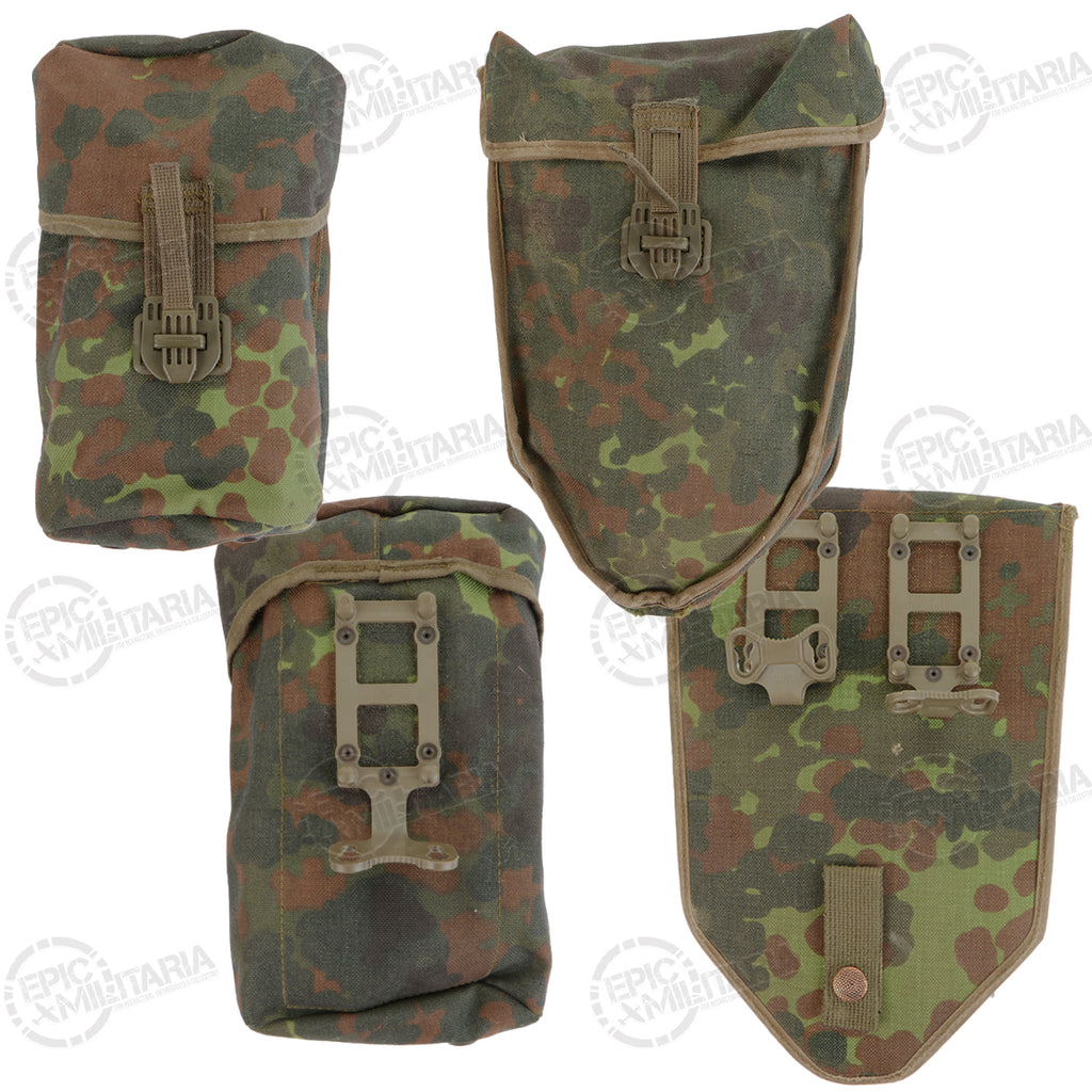 Assorted German Army Flecktarn utility pouches, including water bottle and entrenching tool carriers with attachment hardware.