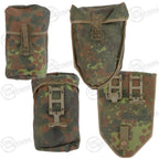 Assorted German Army Flecktarn utility pouches, including water bottle and entrenching tool carriers with attachment hardware.