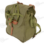 Green backpack with leather straps on a white background