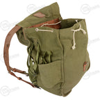 Green backpack with leather straps on a white background