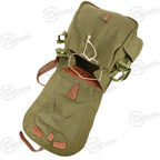 Green backpack with brown leather straps on a white background