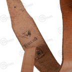 Close-up of the leather shoulder strap with visible 1980s Romanian military manufacturing stamp and date.