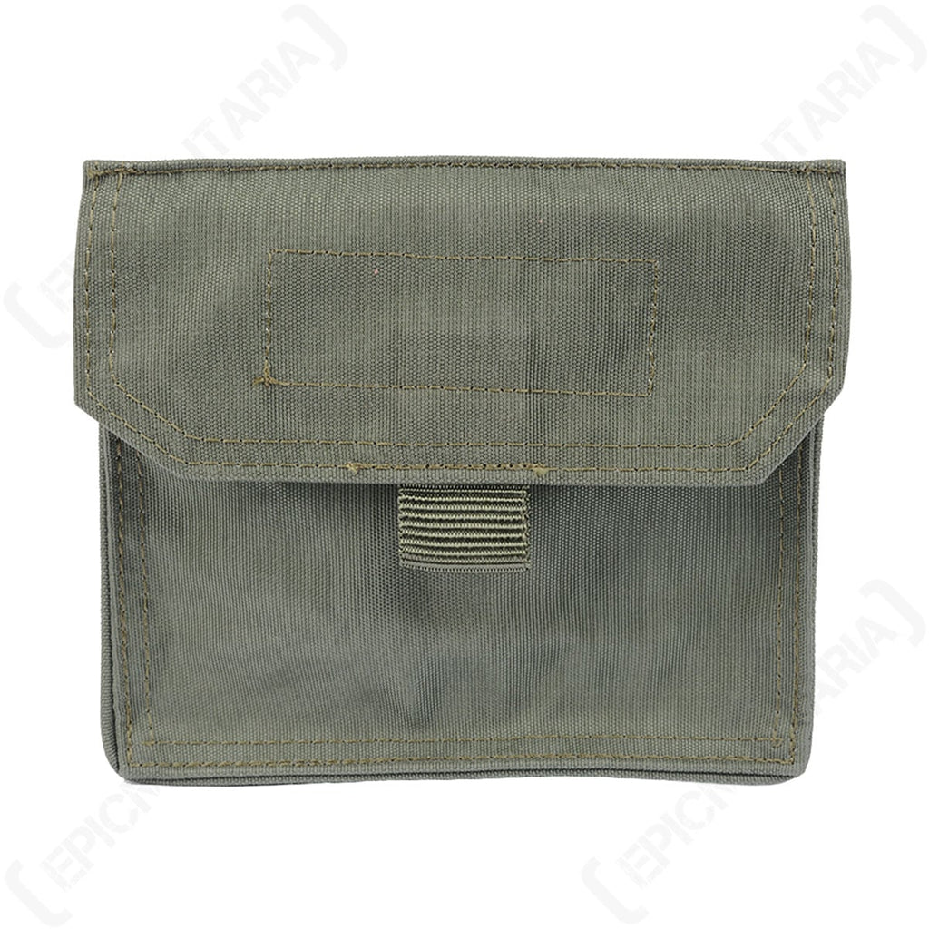 Front view of a genuine Italian Army olive drab utility pouch with a central hook and loop flap closure.