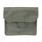 Front view of a genuine Italian Army olive drab utility pouch with a central hook and loop flap closure.