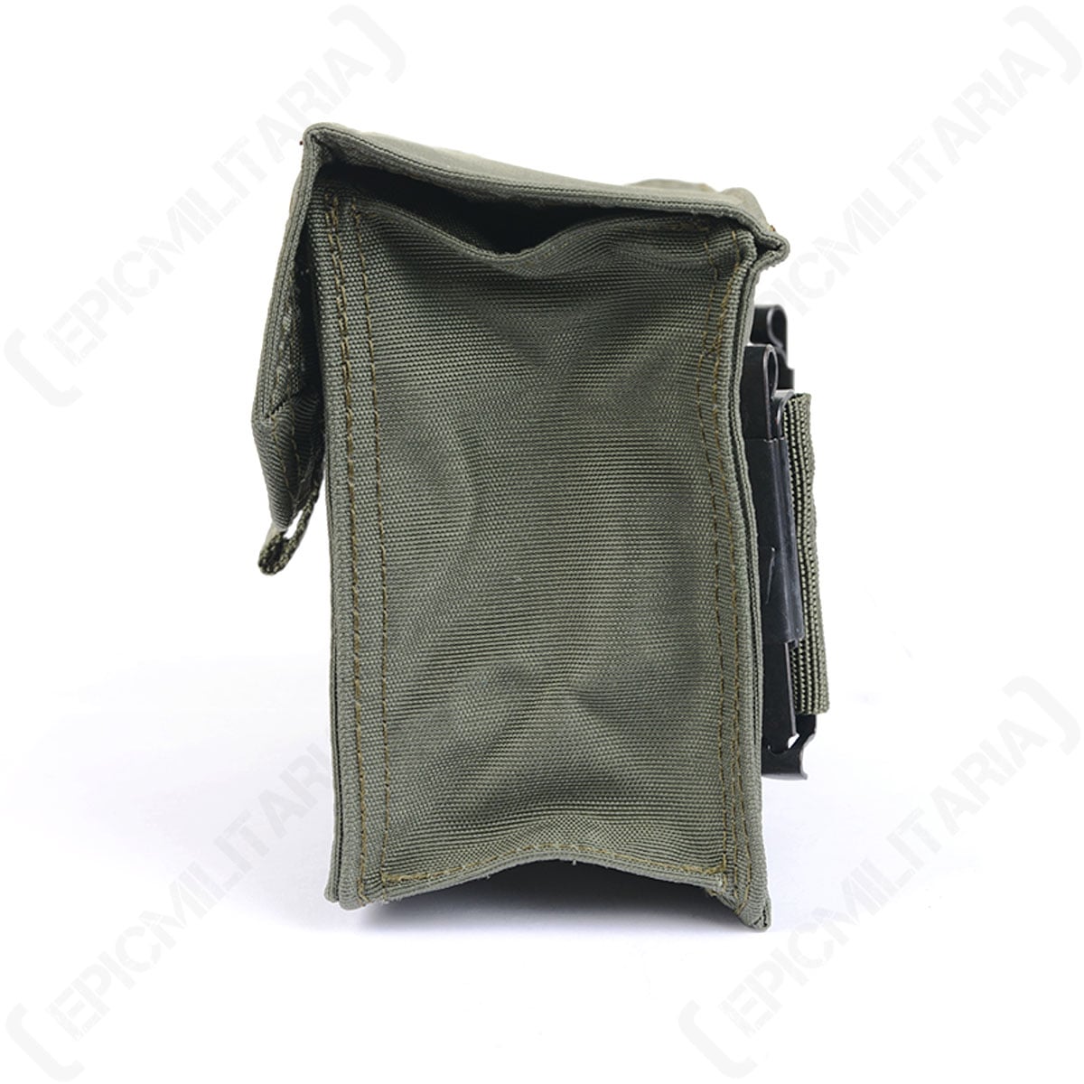 Side profile of the Italian Army surplus pouch, highlighting the black metal ALICE clips on the rear for belt attachment.
