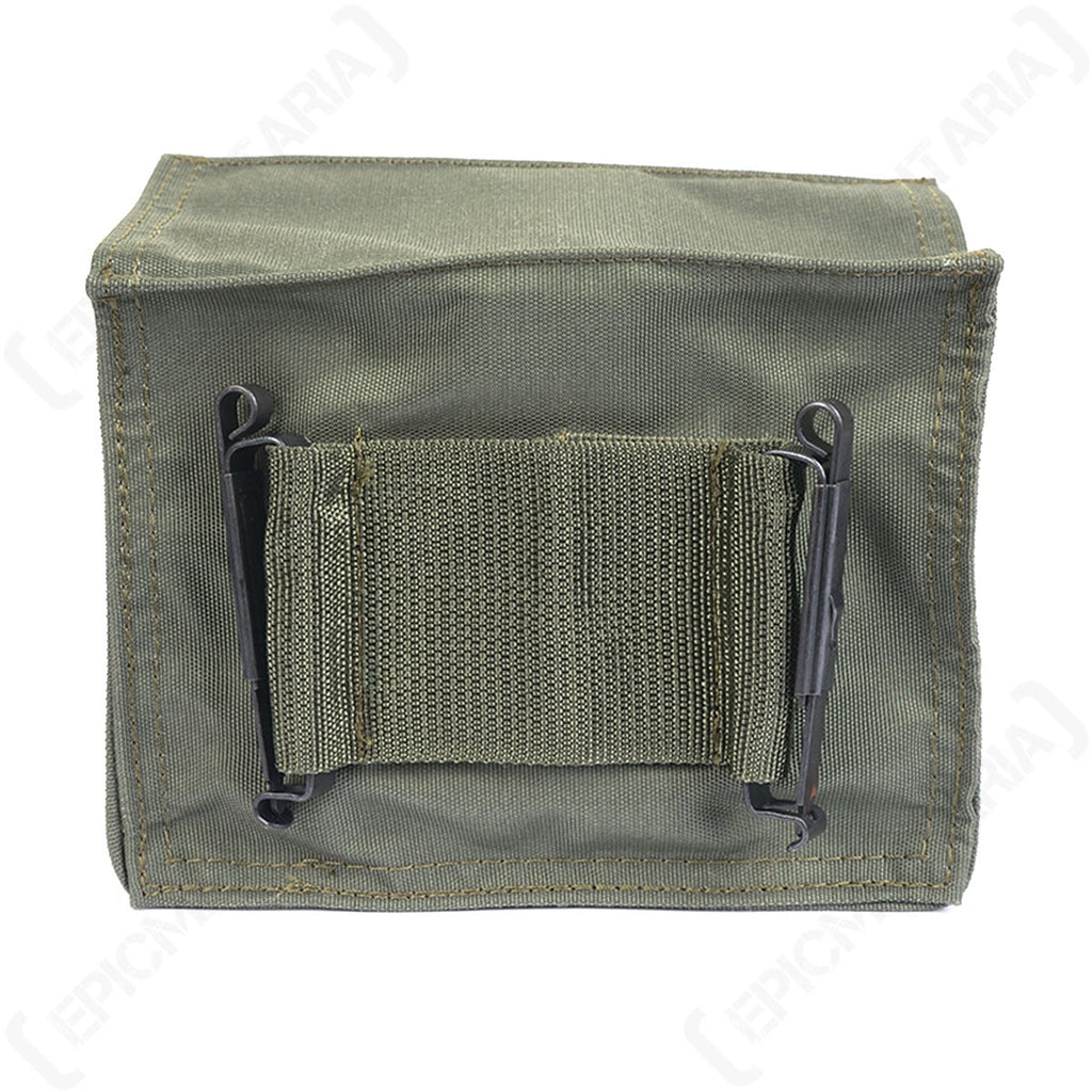 Rear view of the tactical utility pouch displaying the sturdy black metal ALICE clips mounted on nylon webbing.