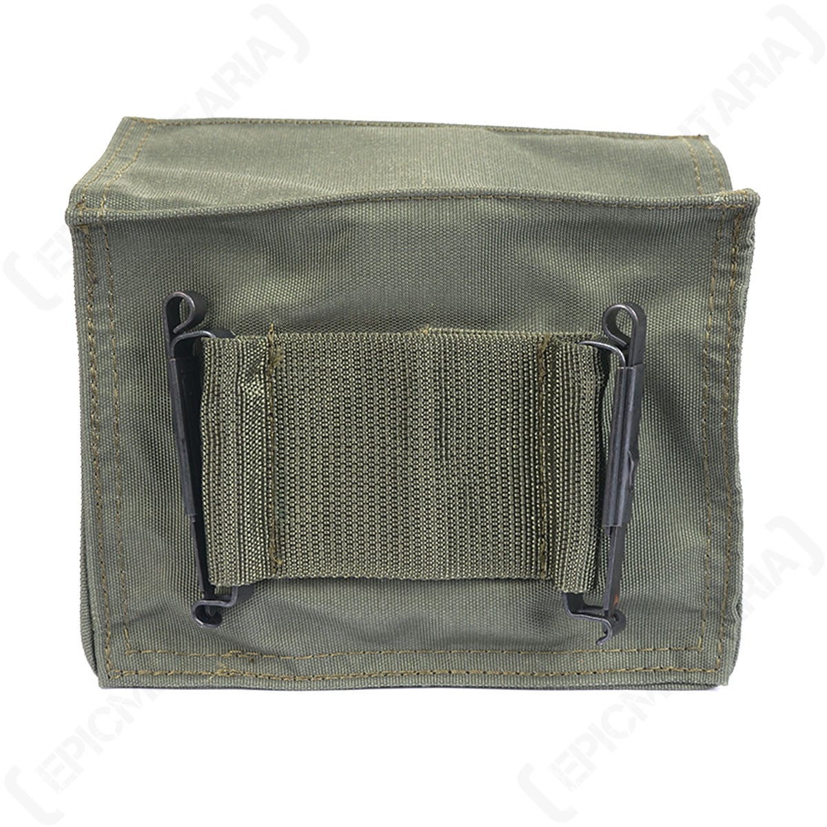 Rear view of the tactical utility pouch displaying the sturdy black metal ALICE clips mounted on nylon webbing.