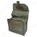 Utility pouch with the main hook and loop flap open, revealing the internal compartment and secondary fastening strap.