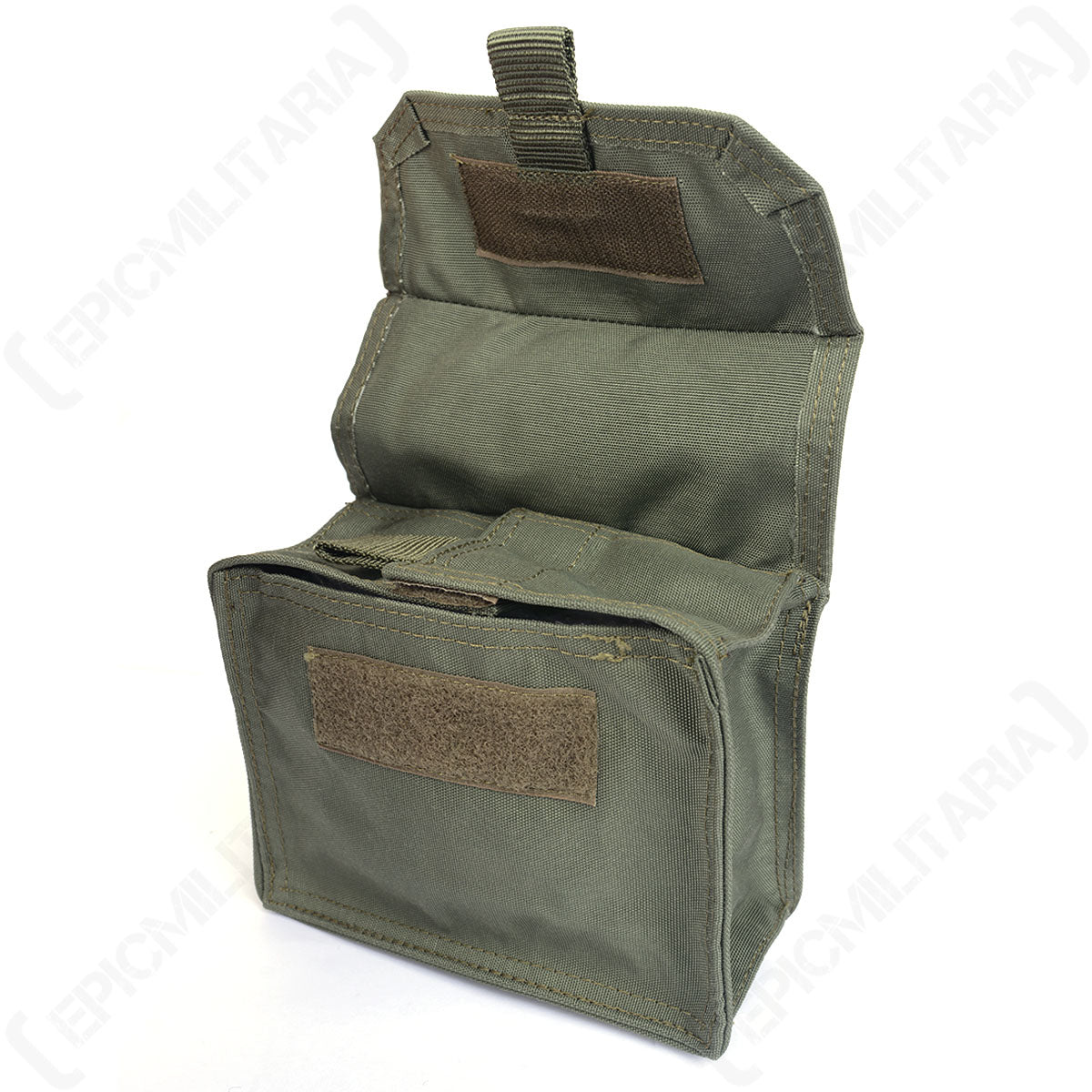 Utility pouch with the main hook and loop flap open, revealing the internal compartment and secondary fastening strap.