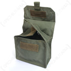 Open Italian Army utility pouch showing the internal hook and loop secured flap for organized gear storage.
