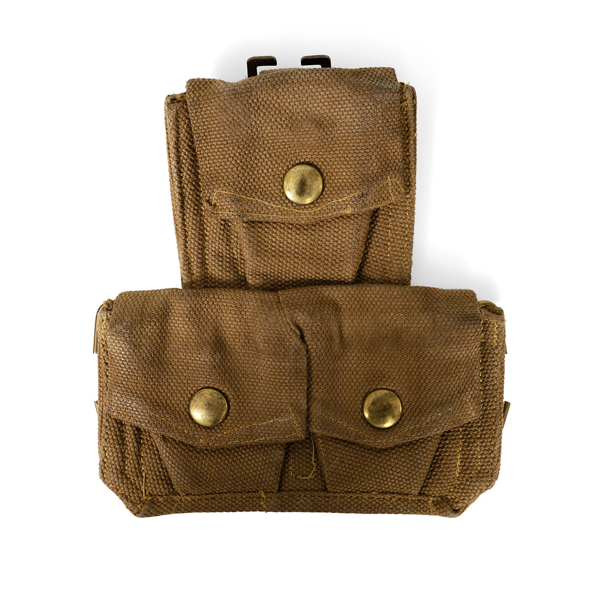 Studio shot of Italian 37 Pattern webbing pouch showing the canvas texture and patina on the brass button closures.