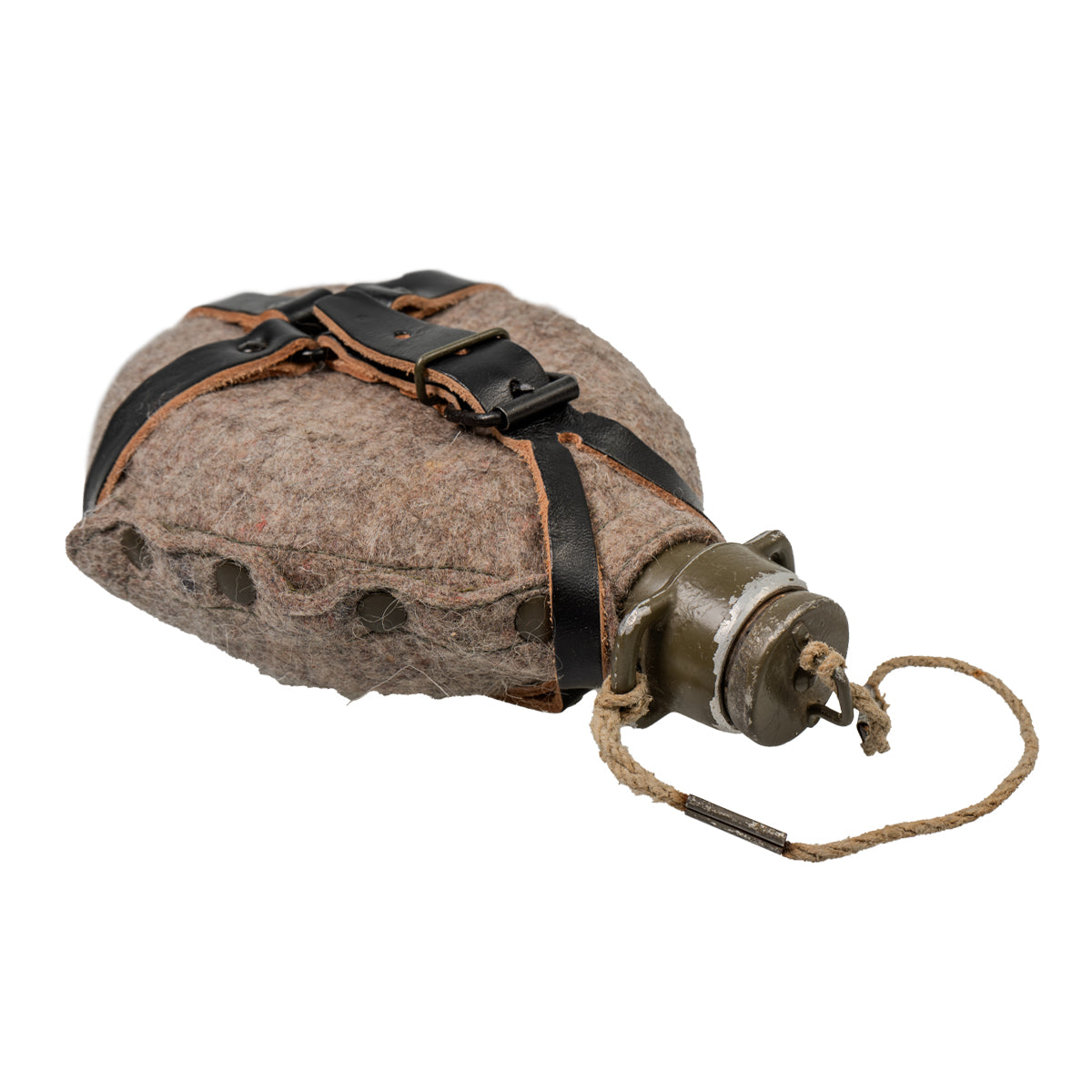 Angled view of a Czech M60 military canteen showing the felted wool cover secured with black leather harness straps.