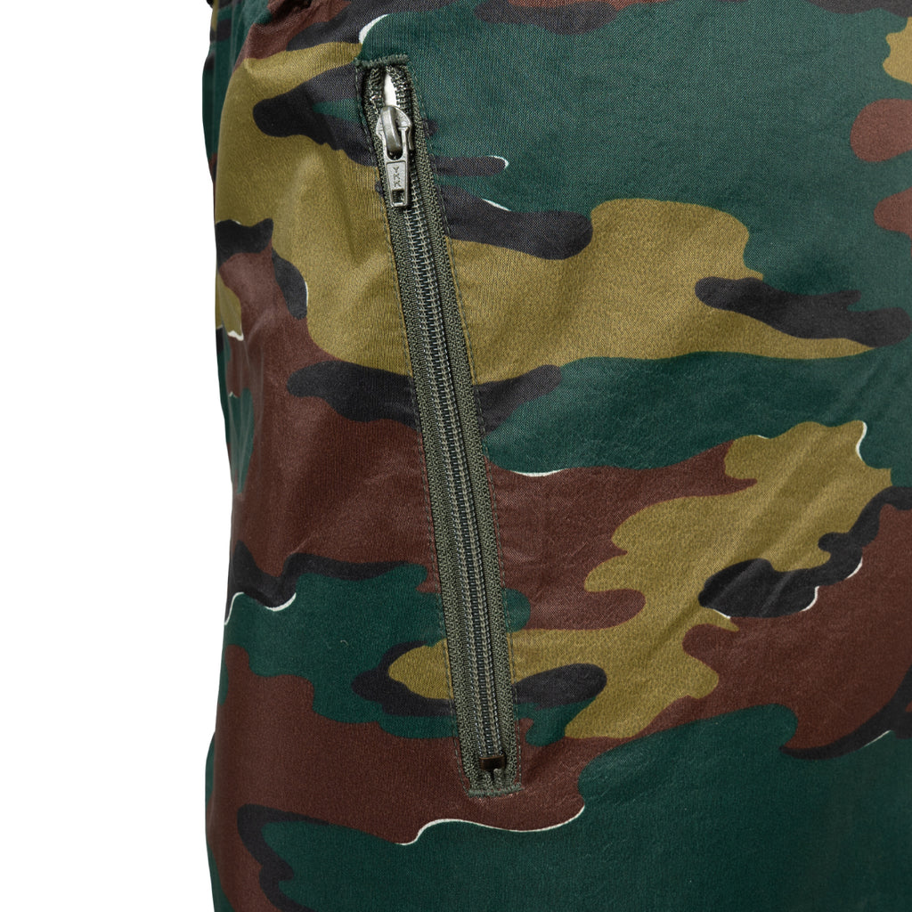Close-up of reinforced zippered side pocket on Belgian Jigsaw camouflage waterproof trousers.
