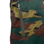 Close-up of reinforced zippered side pocket on Belgian Jigsaw camouflage waterproof trousers.