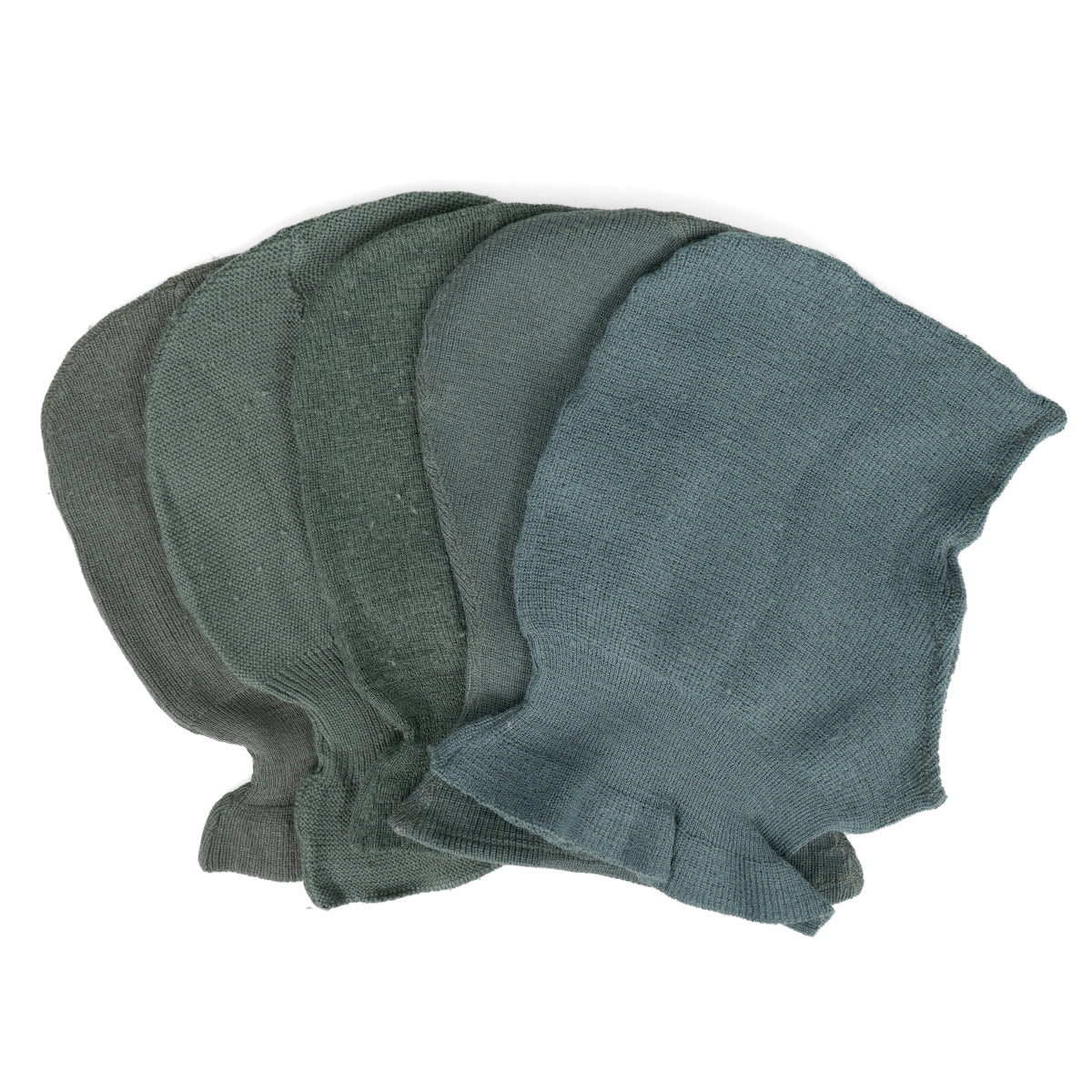 Collection of multiple genuine Swiss Army wool balaclavas stacked together to show shade variations in the classic field grey color.