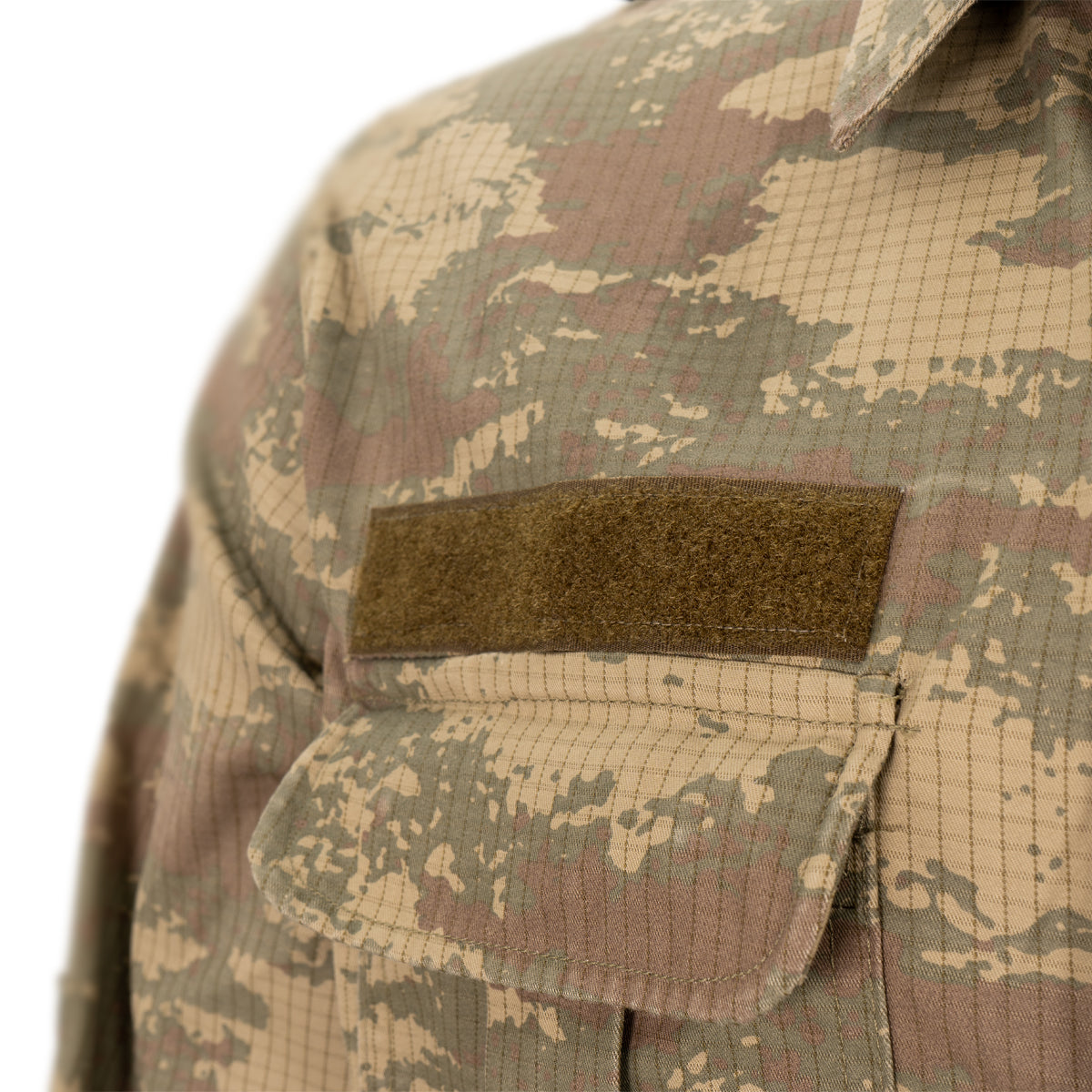 Close-up of the Velcro patch on the chest pocket of an authentic Turkish Army field shirt.