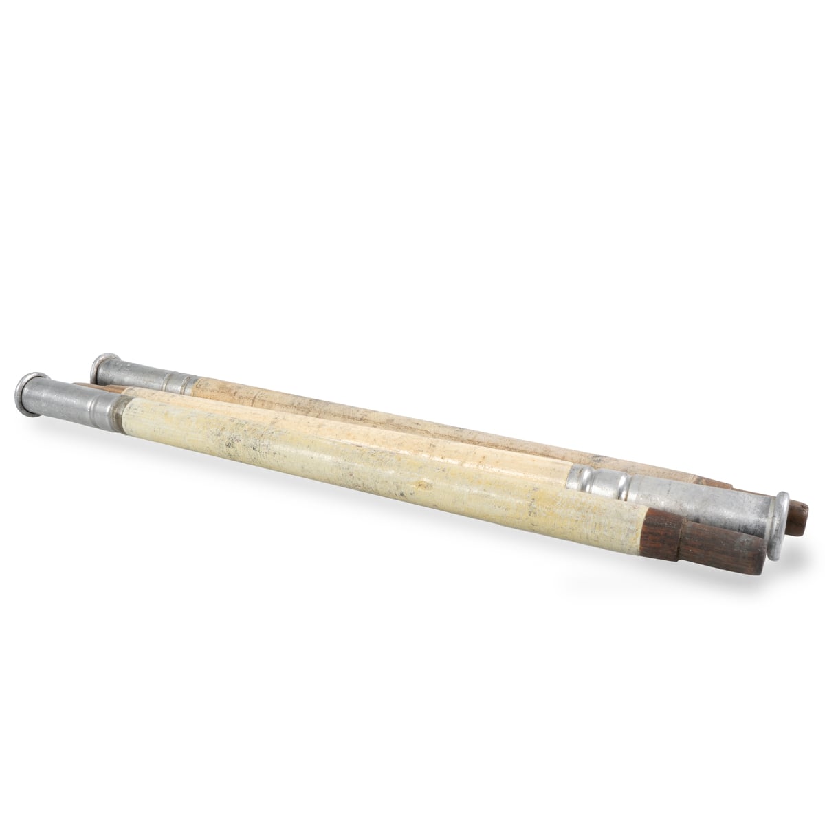 Three sectional wooden tent poles with metal end caps from the WW2 Swiss Army Zeltbahn kit, bundled together for storage.