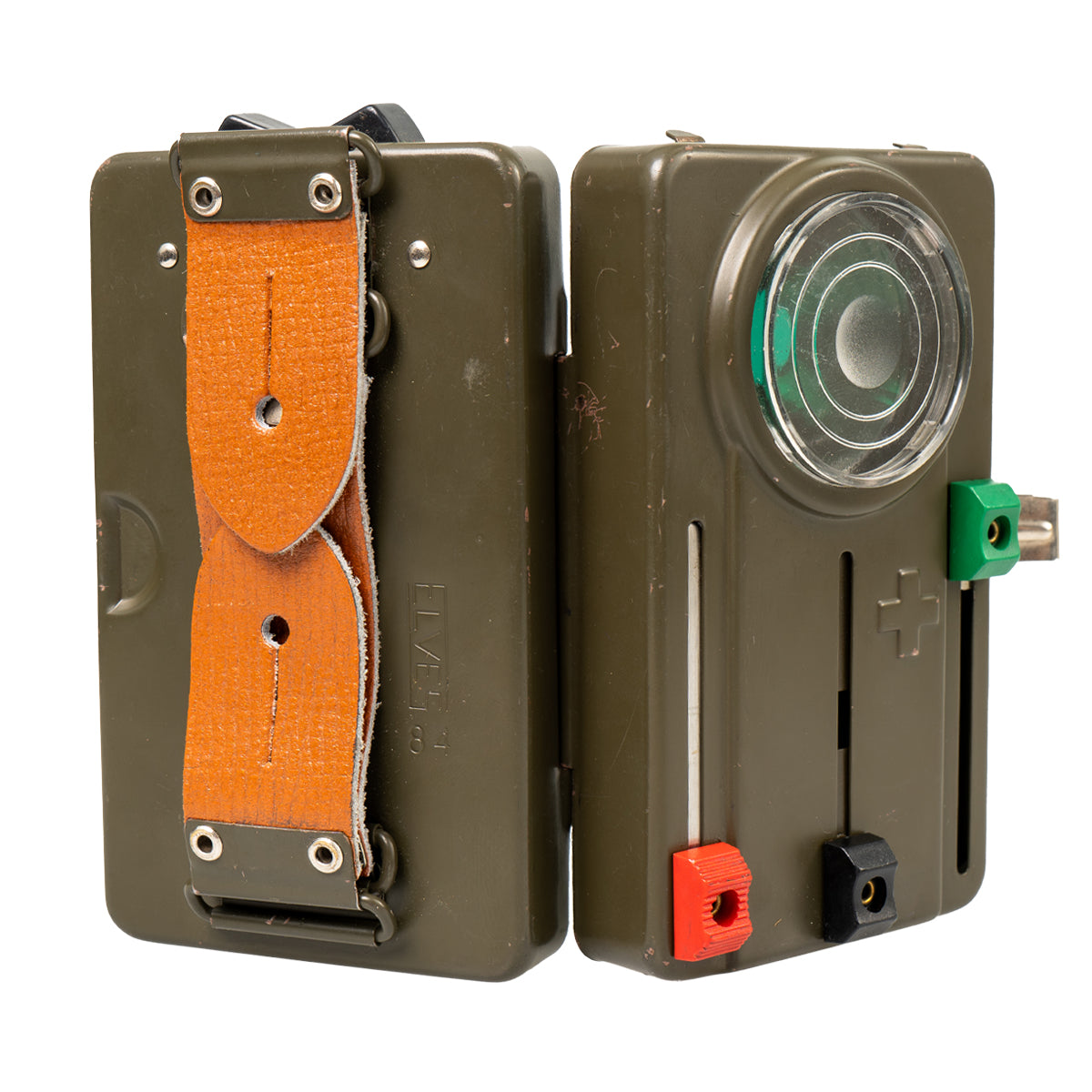 Open Swiss Army signalling torch side-by-side with a closed unit featuring a brown leather strap on the rear.