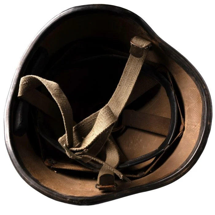 Interior view of M87 helmet canvas webbing cradle and leather sweatband