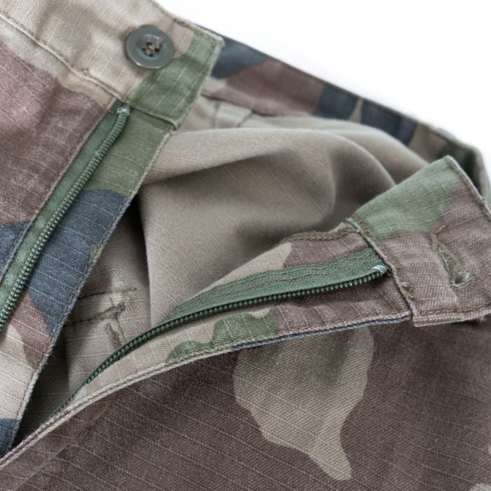 Close-up of heavy-duty zip fly and top button waist closure