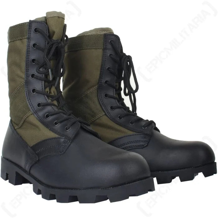 Pair of black and olive drab US Panama jungle boots from front quarter view