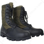 Pair of black and olive drab US Panama jungle boots from front quarter view